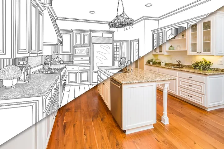 Kitchen drawing blending into the finished kitchen