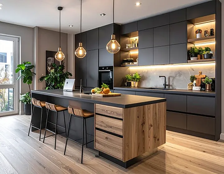Matte black kitchen with an oak island