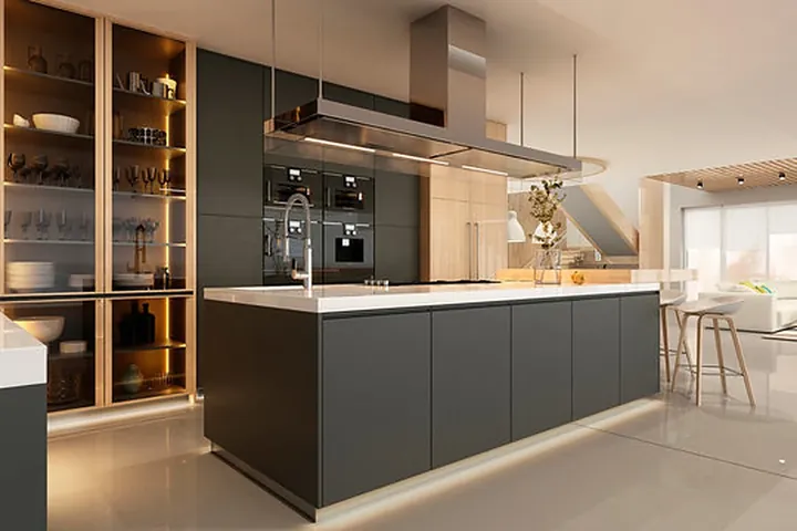 Charcoal kitchen with lit glass cabinets